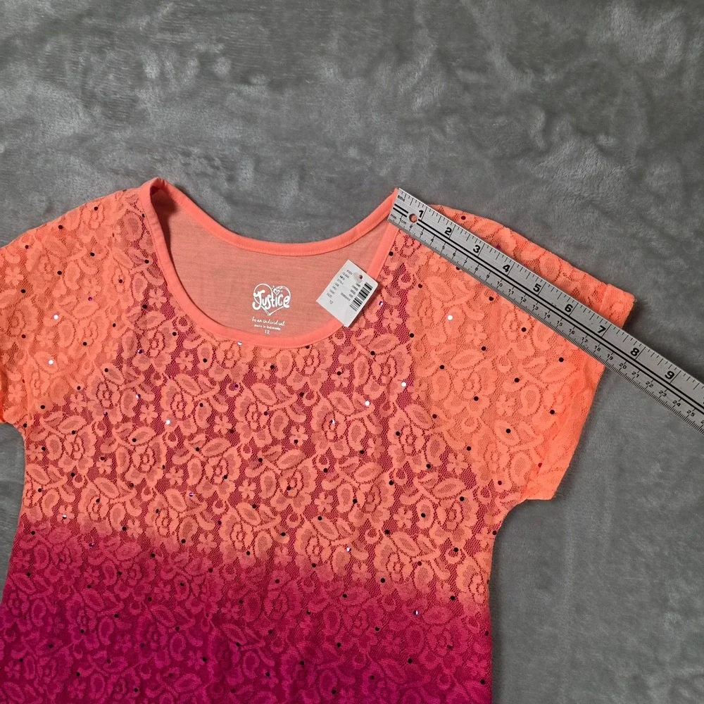 Justice Lace Ombre Sequin Top Girls Size 12 Pink Orange NEW Baby Doll Sparkle